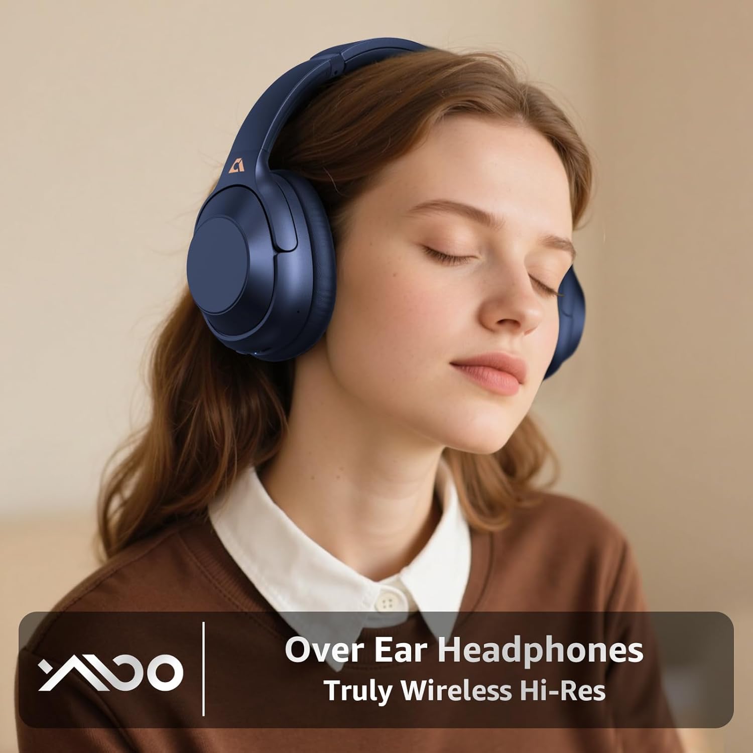 Woman wearing YMOO Y7 over-ear headphones