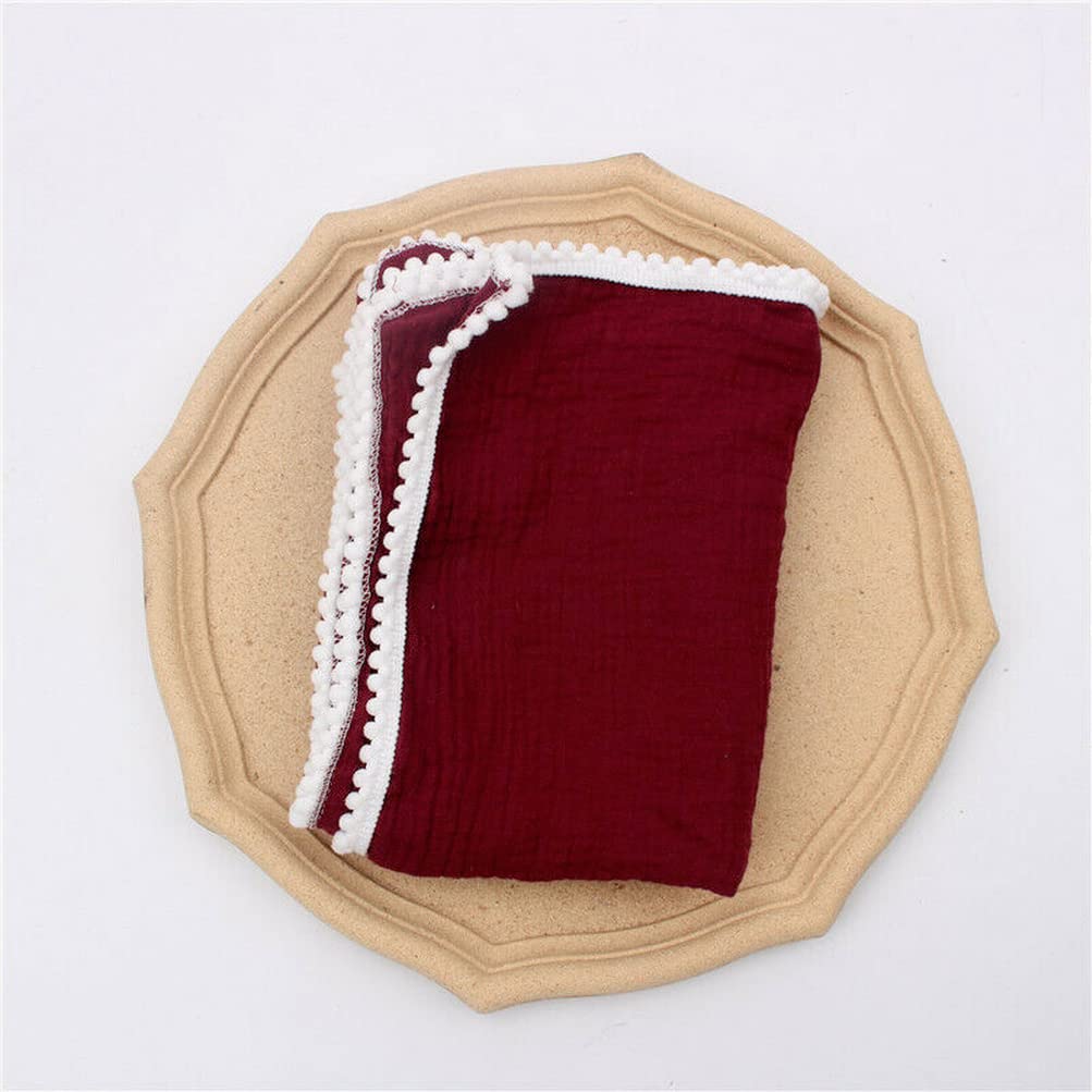 asky Baby Sleeping Blanket Muslin Cotton Pom Balls Swaddling Stroller Wrap Towel 80 * 65cm (Wine Red)