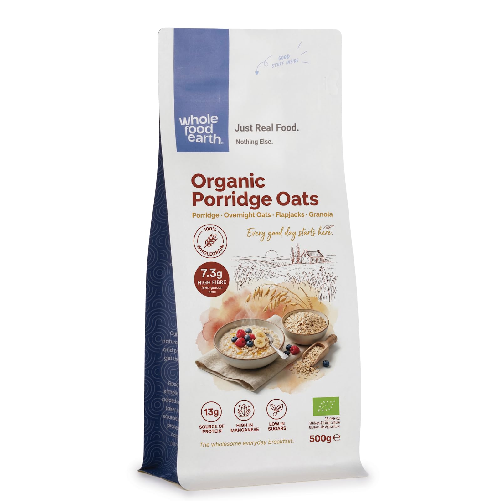 Wholefood Earth Organic Porridge Oats – 500g | GMO Free | Vegan | High Fibre | Certified Organic
