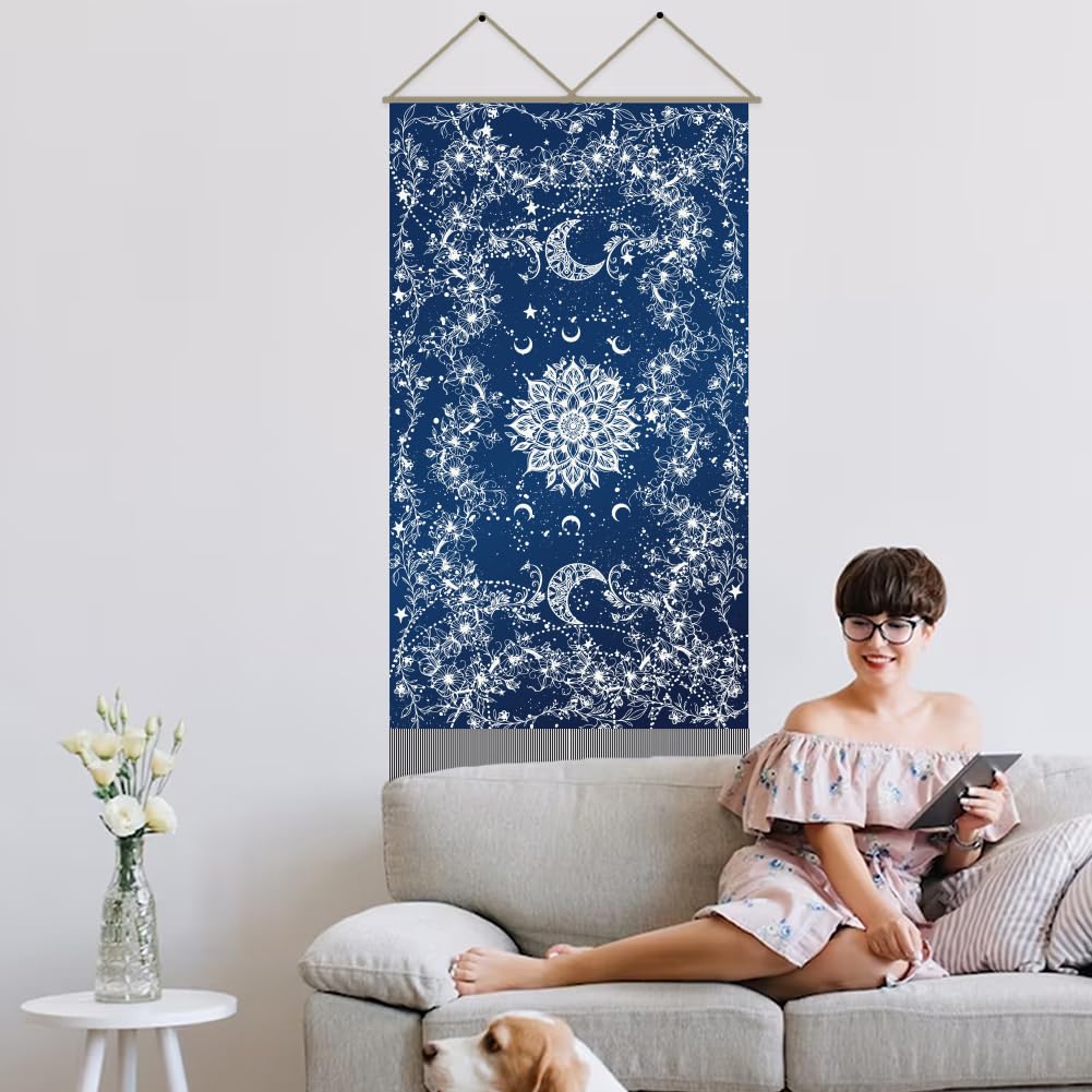 AHANDMAKER 2 tapices de mandala azul, tapiz vertical largo floral bohemio para colgar en la pared, tapiz de pared con borla de mandala indio, tapiz estético místico para dormitorio y sala de estar