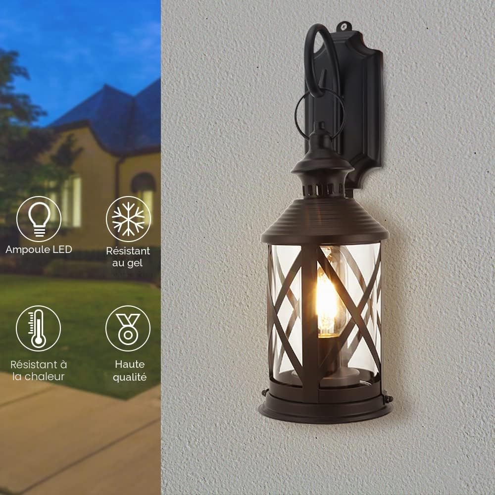TRIROCKS Set de 2 Appliques Murales Métalliques à Batterie 26 cm Haut, Lanternes Décoratives Sans Fil avec Lumières LED Edison pour Décor Maison, Patio, Jardin, Soirées (Noir)