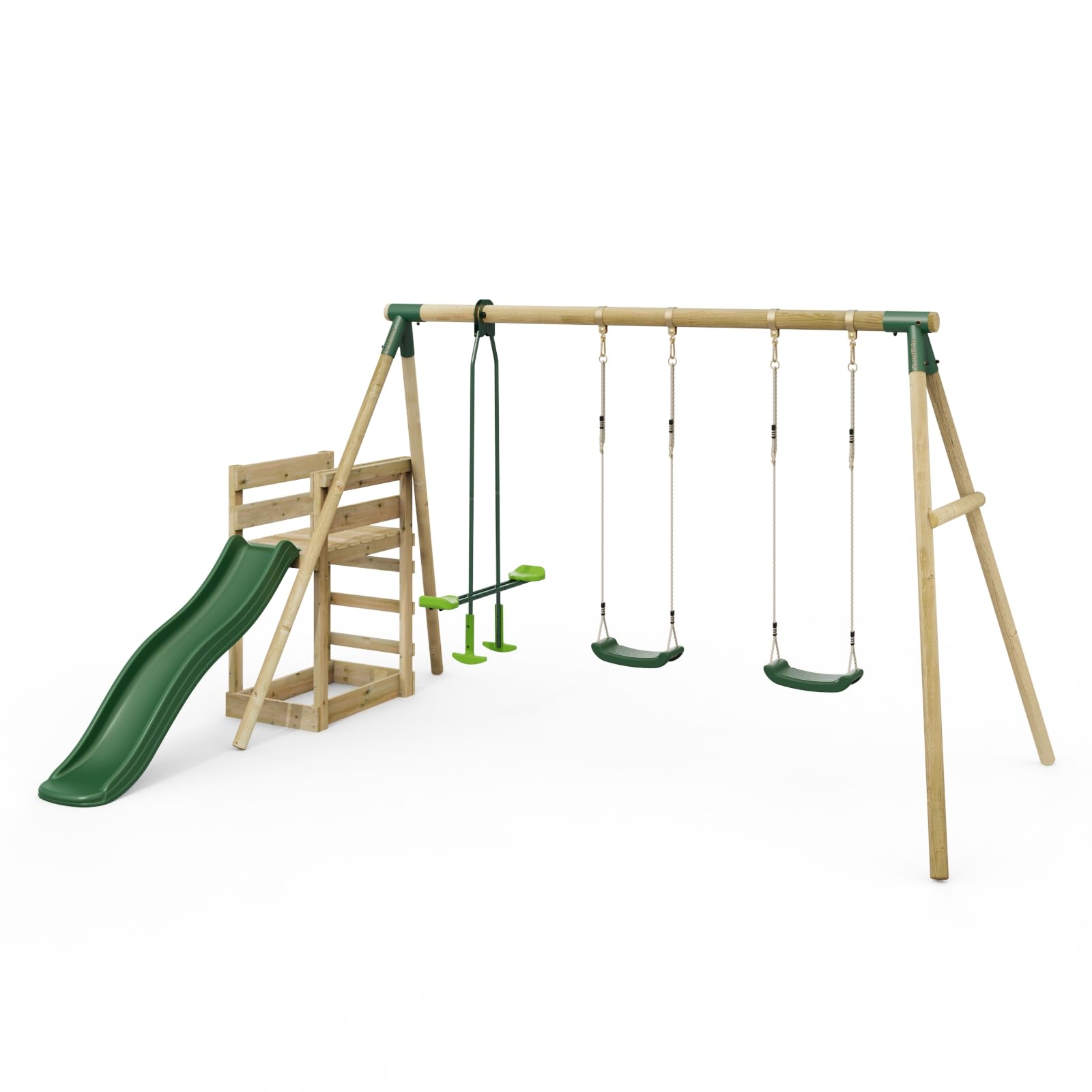 Rebo® Wooden Swing Set Plus Deck and Slide - Neptune Green