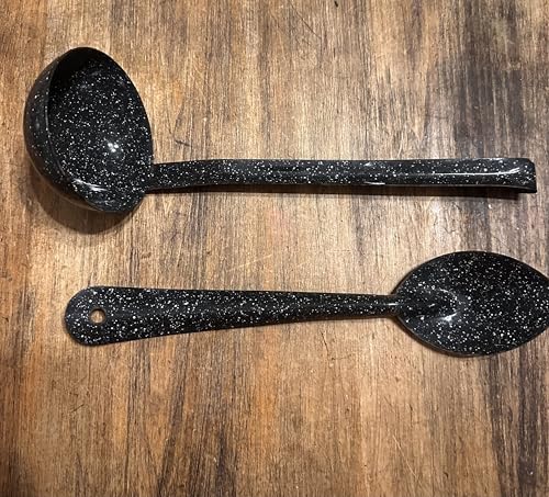 Vintage-Black-Speckled-12-Serving-Spoon-Ladle-Set-Enamelware Vintage Black Speckled 12 Serving Spoon Ladle Set Enamelware