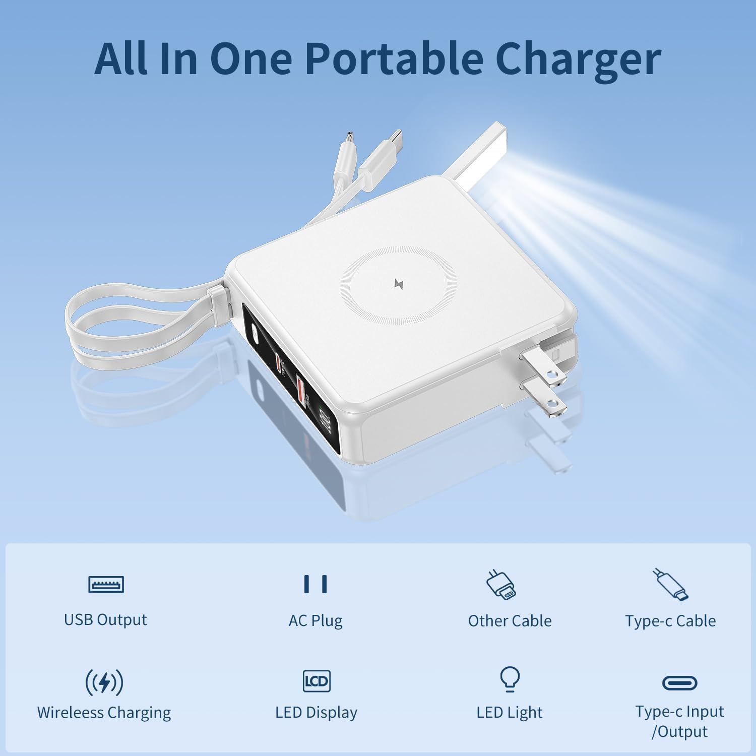 Portable Charger with Built-in Cables&AC Wall Plug10000mAh Wireless Charging(No-Magnetic) Power Bank PD 22.5W Fast Charging USB C Battery Pack for iPhone 17/16/15/14/13 Series, Samsung S23 S22 Android - Image 2
