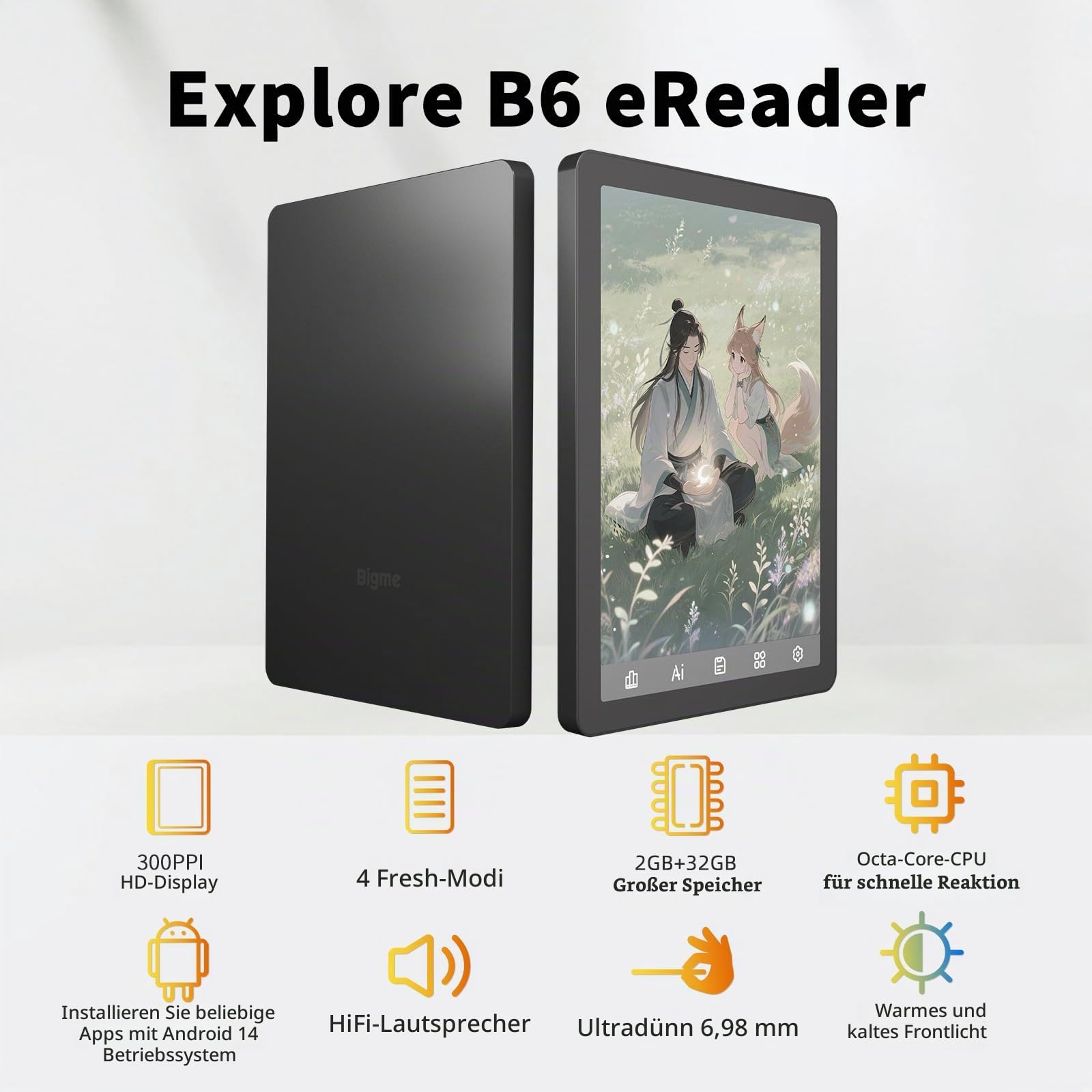 Bigme B6 Farbe E-Reader, E-Ink eBook Reader 6 Zoll Farbe eReader Digitales ePaper Tablet mit Android 14, 2G + 32GB, verstellbares Frontlicht Android eReader Gerät mit Audiobook Schwarz