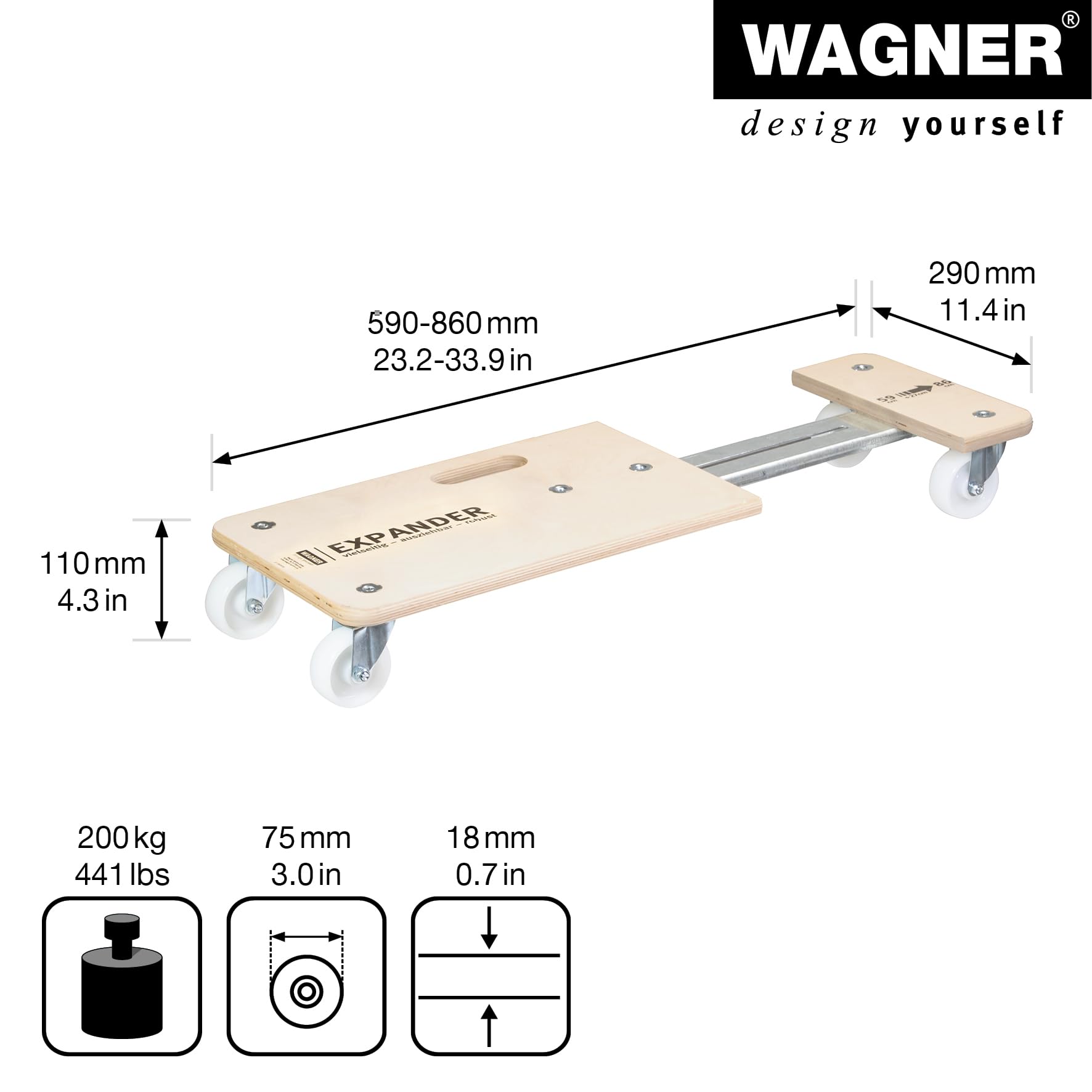 Wagner Plataforma de Carga MM 1331-59-86 x 29 cm Extensible, Tamaño Flexible, 200 kg de Carga Máxima, con Asa de Transporte, Robusto - 20133101