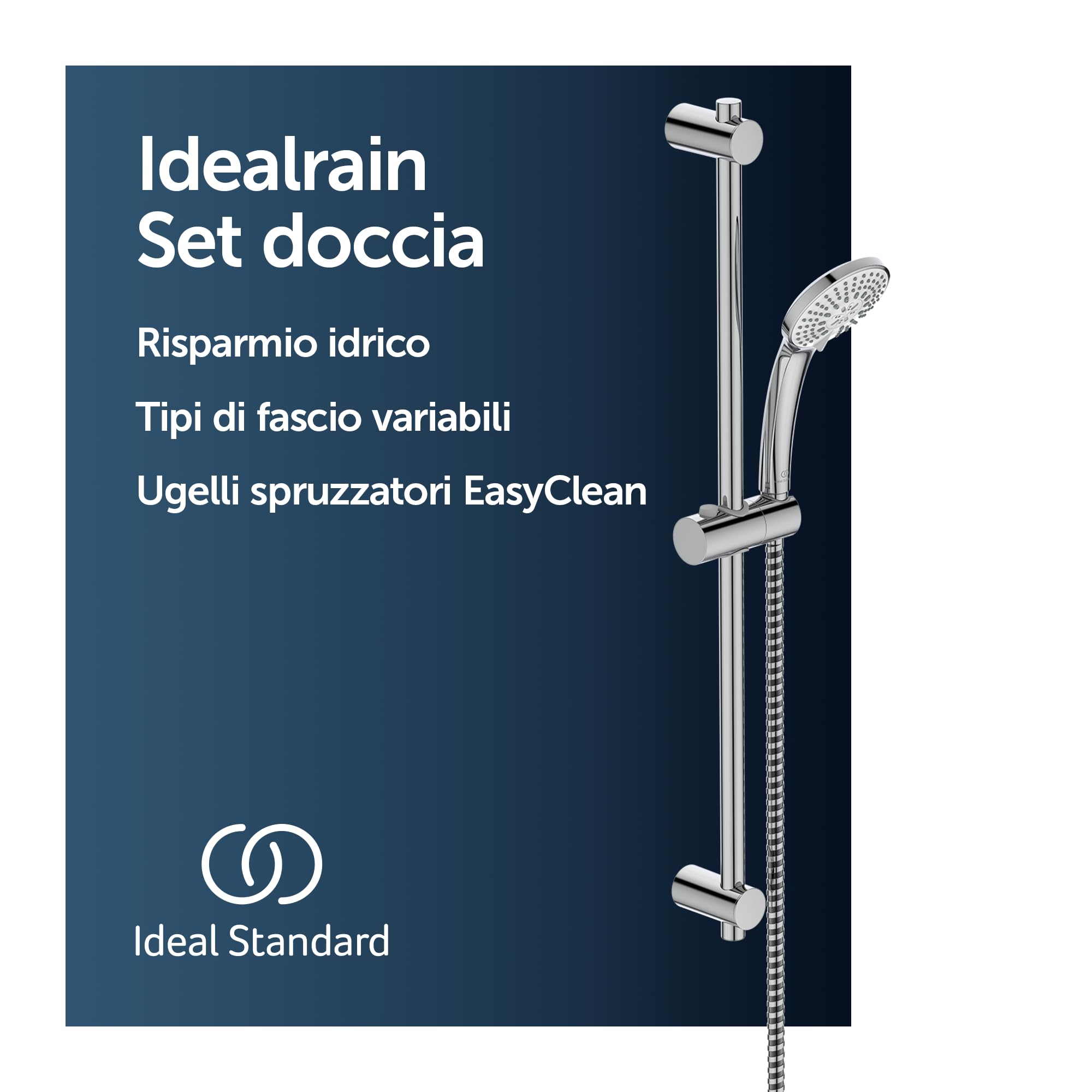 Ideal Standard Idealrain Combinazione doccia Ideal Standard Idealrain con asta doccia, a risparmio idrico, soffione con tre getti, flessibile doccia 1750 mm – cromato (312x723 mm)
