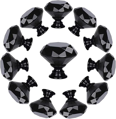Miniatura 2 de YourGift - Juego de 6 tiradores para cajones con forma de diamante de cristal de 30 mm (1.18 pulgadas) (6 unidades, todo negro)