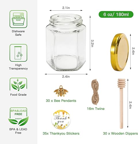 Miniatura 2 de BIGIVACA Mini tarros de miel de 6 onzas  Paquete de 30 tarros hexagonales de vidrio con varillas de madera, tapas doradas, colgantes de abeja,