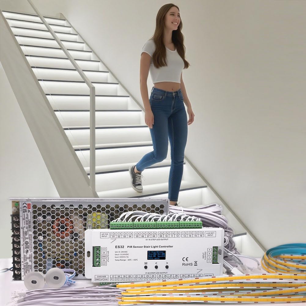20-Step Intelligent Motion Sensor Stair Lights Kit, 47.2-Inch Cuttable COB LED Strip Lights for Indoor Stairs, PIR Smart Staircase Lighting with Daylight Sensor, Cool White (6000k)