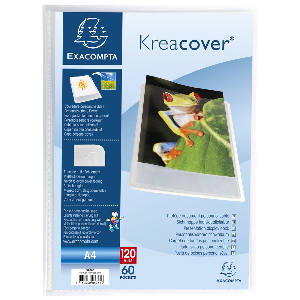 Exacompta - Ref 5768E - Kreacover Collection - Semi-Rigid Opaque PP Display Book - 240 x 320mm in Size, Suitable for A4 Documents, 60 Pockets - Clear (Single)