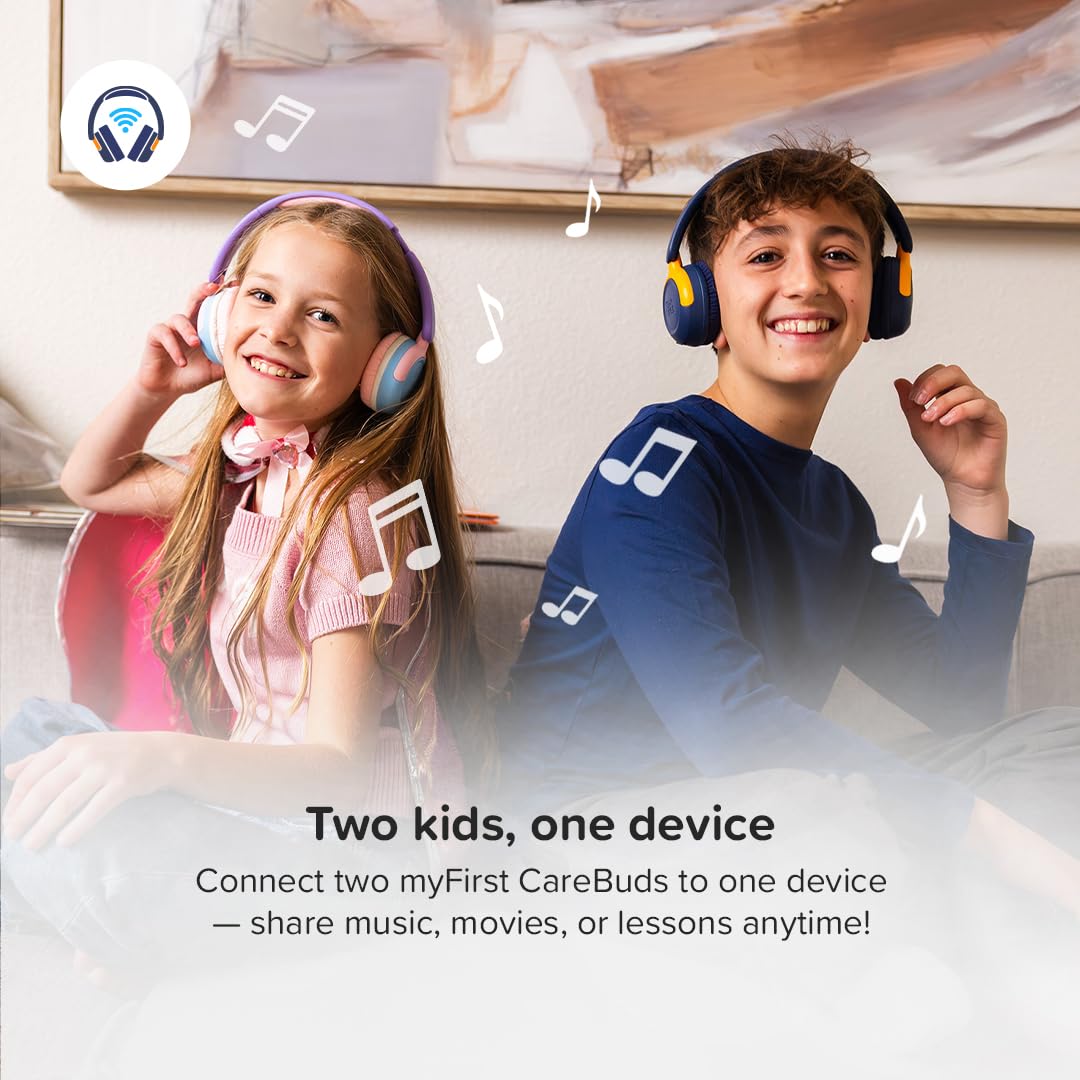 myFirst CareBuds Max – Kabellose Kopfhörer für Kinder mit Mikrofon, austauschbare Ohrpolster, intelligente Lautstärkebegrenzung, 52 Stunden Spielzeit, schnelles Aufladen (Cotton Candy Mix)