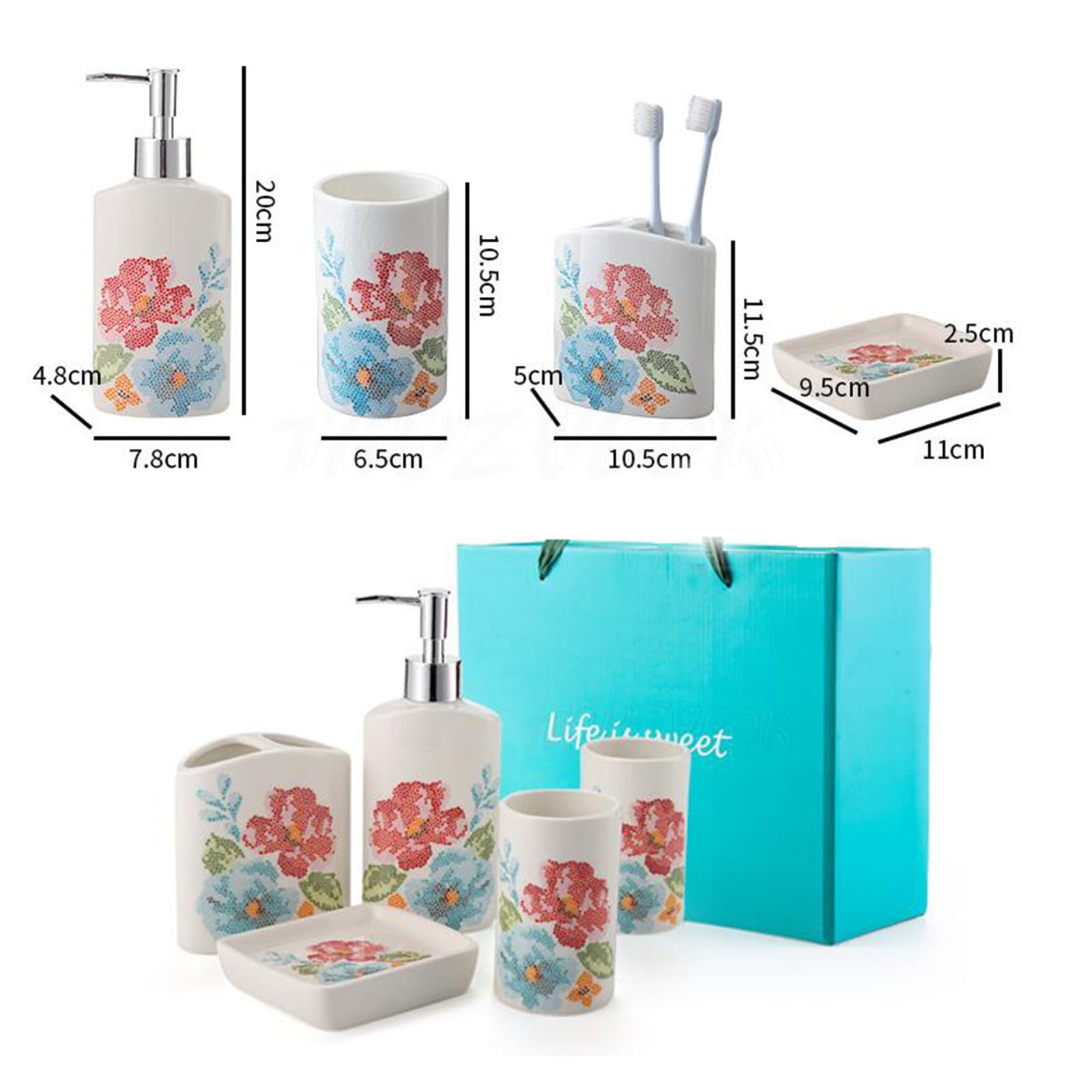 Set de Accesorios de Baño, 5 Piezas, Dispensador de Jabón Blanco, Porta Cepillo de Dientes, Jabonera,