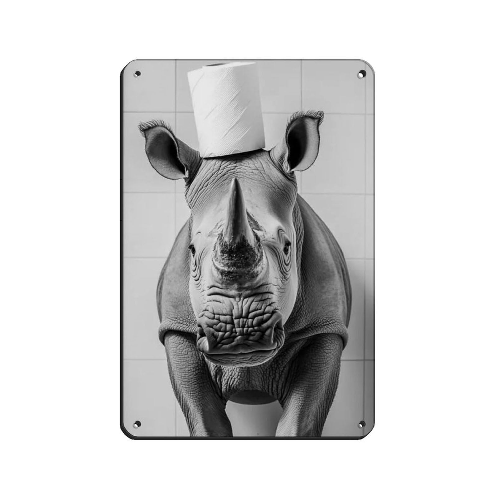 Rhino with A Toilet Paper Roll on Head Retro Poster Metal Tin Sign Chic Art Retro Iron Painting Bar People Cave Cafe Family Garage Poster Wall Decoration 8x12inch(20x30cm)