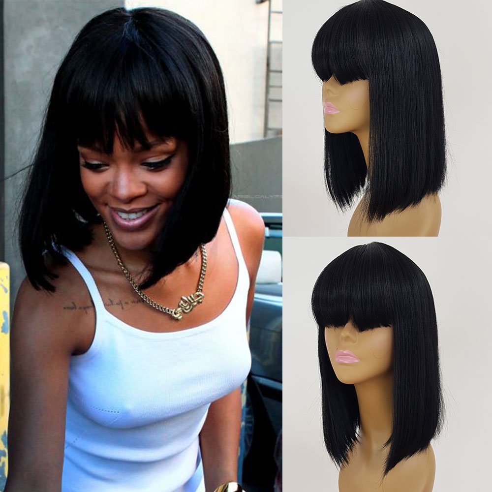 QD-Tizer Natural Soft Bob Wigs with Bangs Synthetic Full Hair Wig Black Short Straight Hair Heat Resistant Fiber Wigs for Women