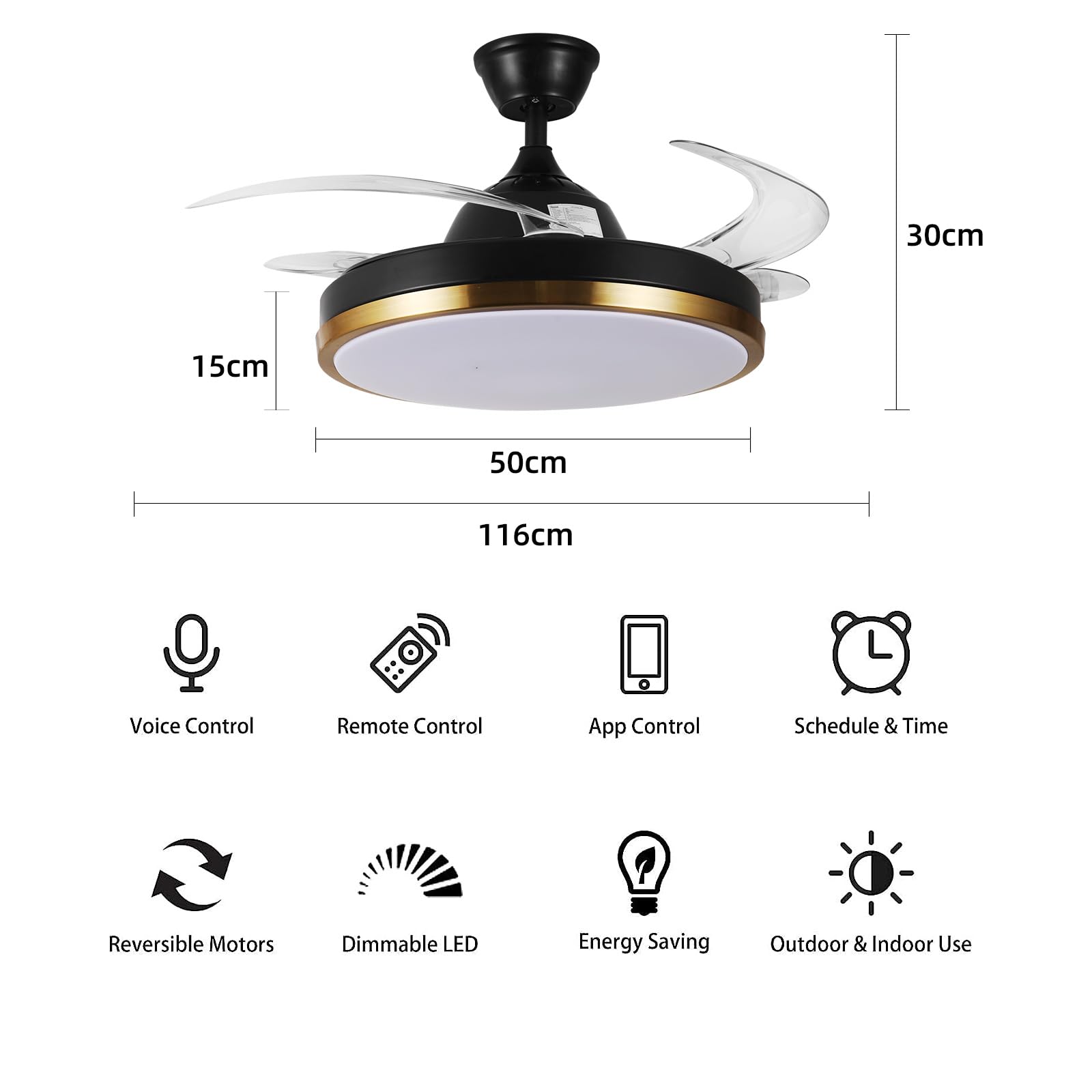 24W Ventilatore da soffitto con Telecomando, Dimmerabile Ventilatori a Soffitto con Altoparlante Bluetooth e Reversibile, Ventilatore da Soffitto con Lampada e pale a scomparsa per Camera da Letto