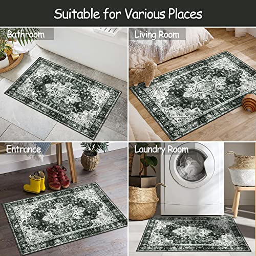 Moynesa Washable 2x3 Entryway Rug Small Front Door Mat, Black and White Kitchen Rugs Non Skid Non-Slip with Rubber Backing, Distressed Low Pile Throw Carpet for Indoor Outside Entrance