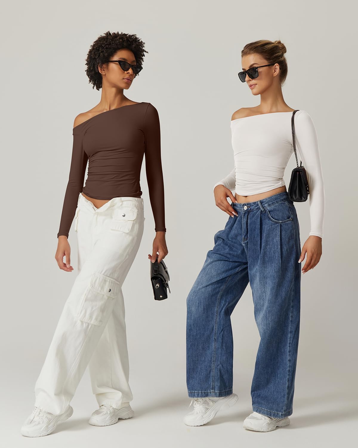 QINSEN Women's Sexy Off Shoulder Shirt Long Sleeve Double Lined Tops Side Ruched Fitted Tees - Image 6