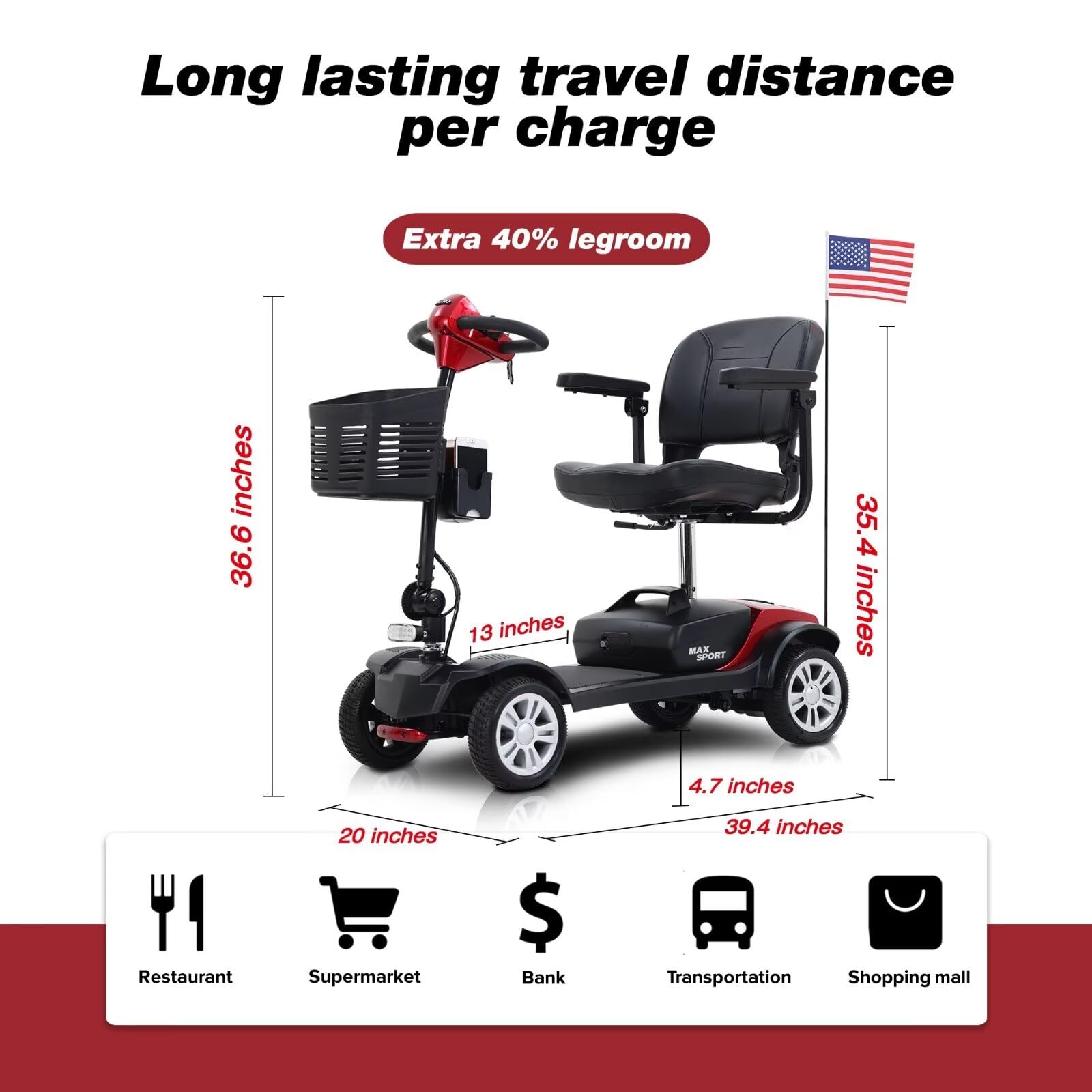 Mobility Scooters for Adults & Seniors, 4 Wheel Foldable Powered Mobility Scooter 400 lbs All Terrain, Compact Heavy Duty Mobility with Seat for Travel, 15 Miles Range, Smart Safety System-Red