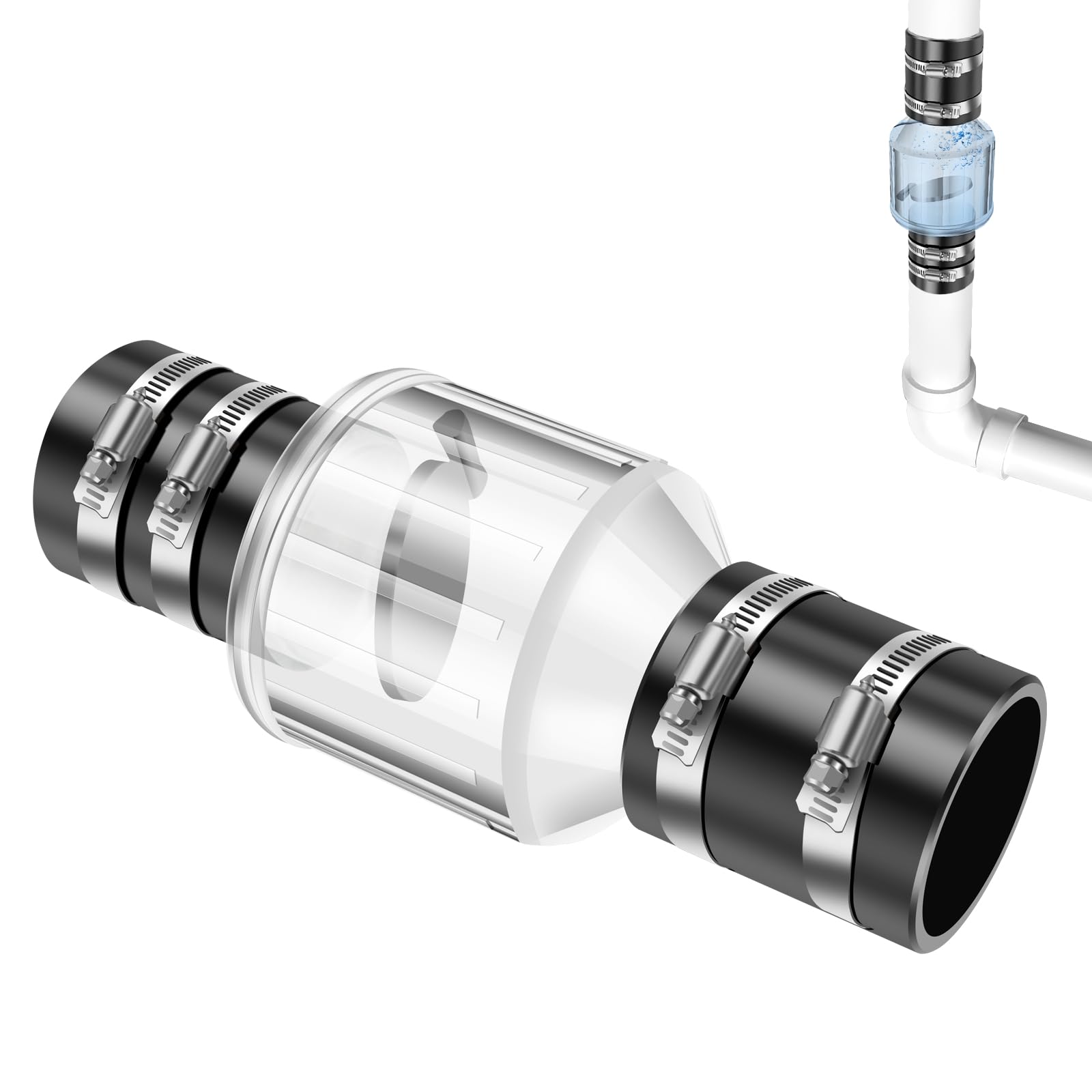 FALESOUL Sump Pump Check Valve 1 1/2 inch, Silent Check Valve Spring-Loaded Flapper with 4 Steel Clamps, Buna-N Couplings, Transparent Housing, Fits for 1 1/2 inch Pipe