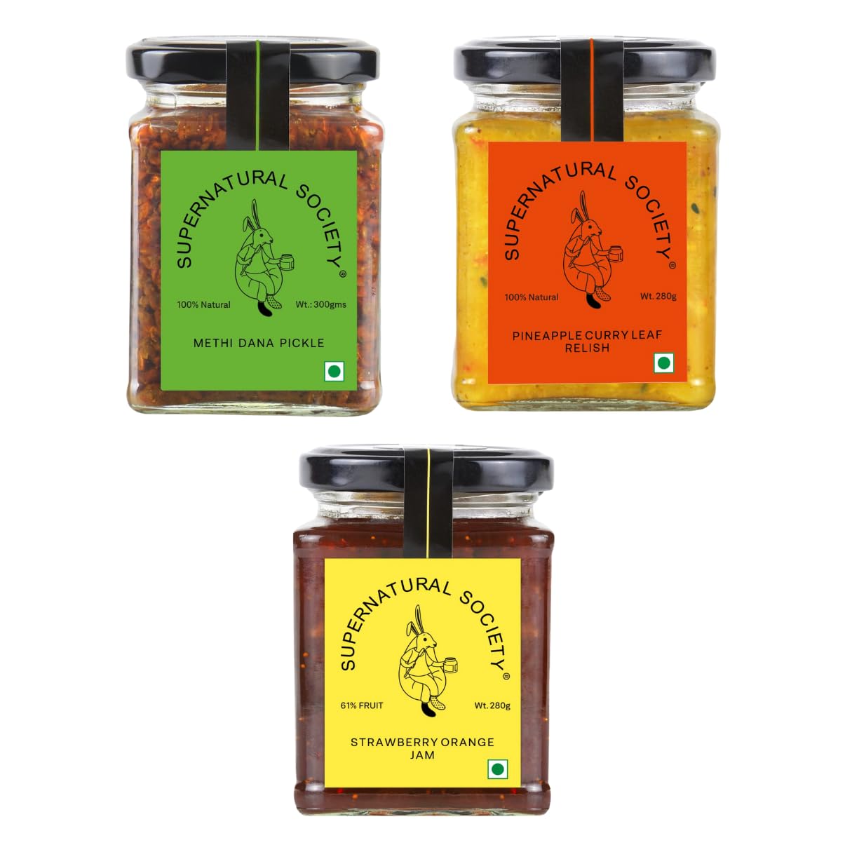 Supernatural Society Combo Pack - Methi Dana Pickle - 300g, Pineapple Curry Leaf Relish - 280g, and Strawberry Orange Jam - 280g - Using Fresh Ingredients and 100% Natural Goodness