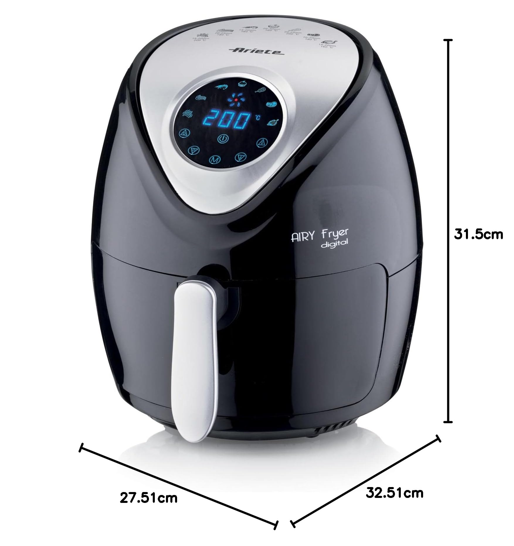 Ariete Airy Fryer Digital 4616, Friggitrice ad Aria 3,5 Litri, Timer da 60 Minuti, LCD e Touchscreen con 7 Modalità di Cottura, Temperatura Massima 200° C, 1300W, Nero