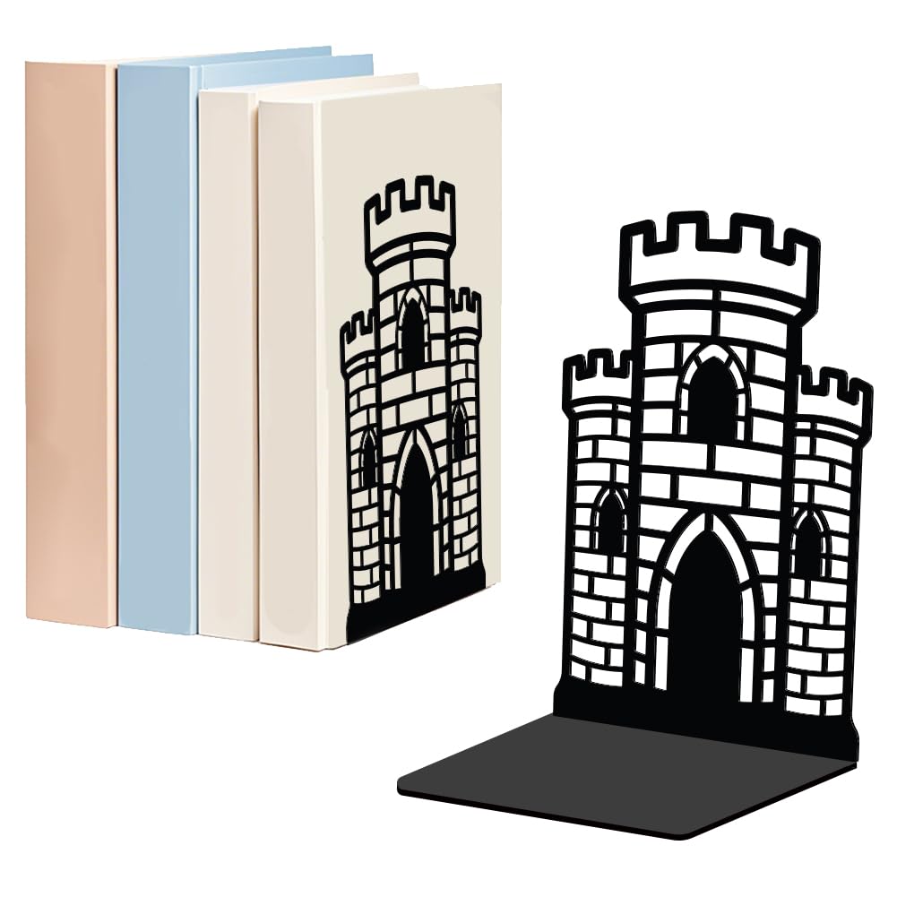 WADORN 1 Pair Vintage Castle Decorative Bookends, Medieval Period Castle Heavy Duty Metal Book Stands Black Novelty Non-Skid Book Stopper for Library Home Office Dorm Reading Room, 5.3x4.3x7.9 Inch