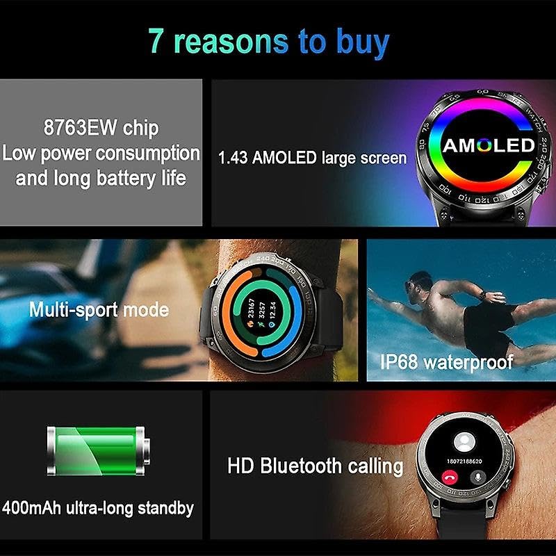 Smart Watch Uomo Bluetooth Chiamata 1.4 pollice Amoled Schermo NFC Frequenza Cardiaca Ossigeno nel sangue 400mah Big Battery Smartwatch