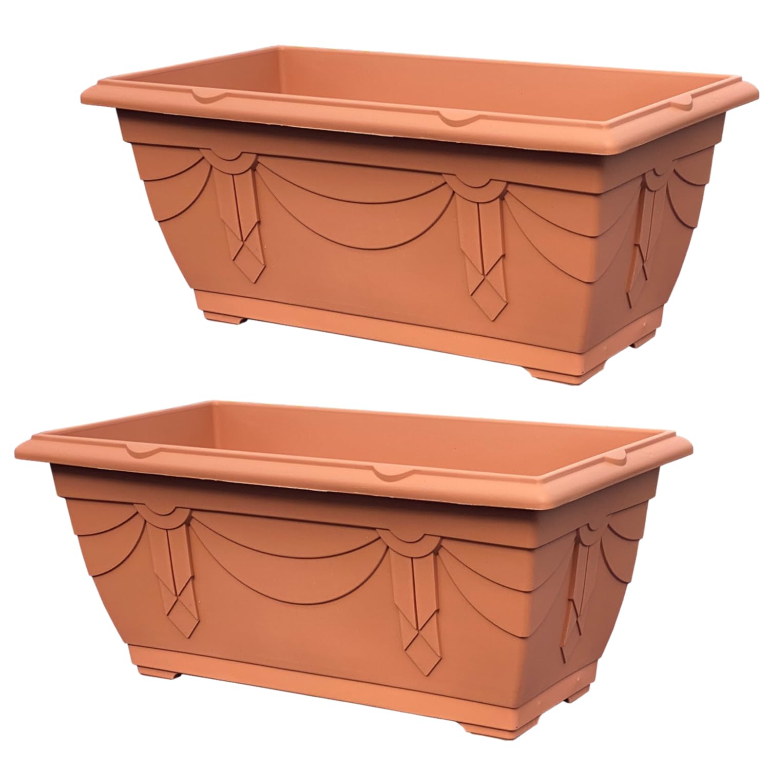 VR7 40cm Long Garden Planter with Trays - 2 Pack Durable Plastic Trough for Raised Window Planting - Ideal for Flowers, Herbs, and Vegetables (Terracotta, Without Trays)