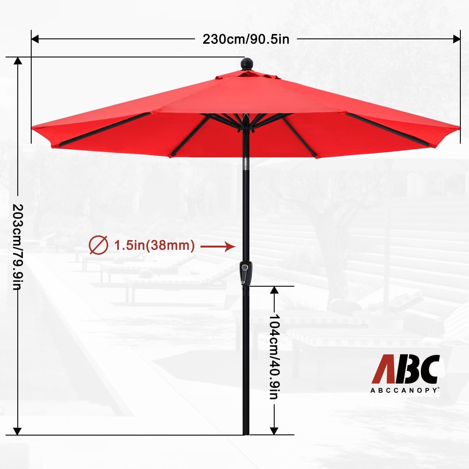 ABCCANOPY Sonnenschirm 8 Rippen wasserdicht UV50+, Rot 230cm | Wetterfester Gartenschirm