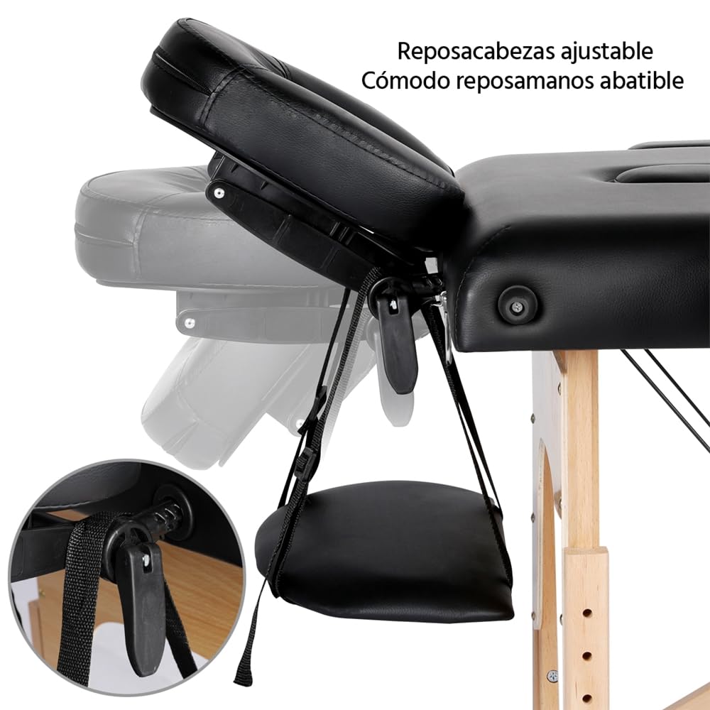 Yaheetech Camilla Masaje Plegable 3 Zonas Profesional Portátil Carga 250kg 213×82cm Altura Ajustable de Madera Haya para Belleza Tatuaje SPA con Bolsa de Transporte