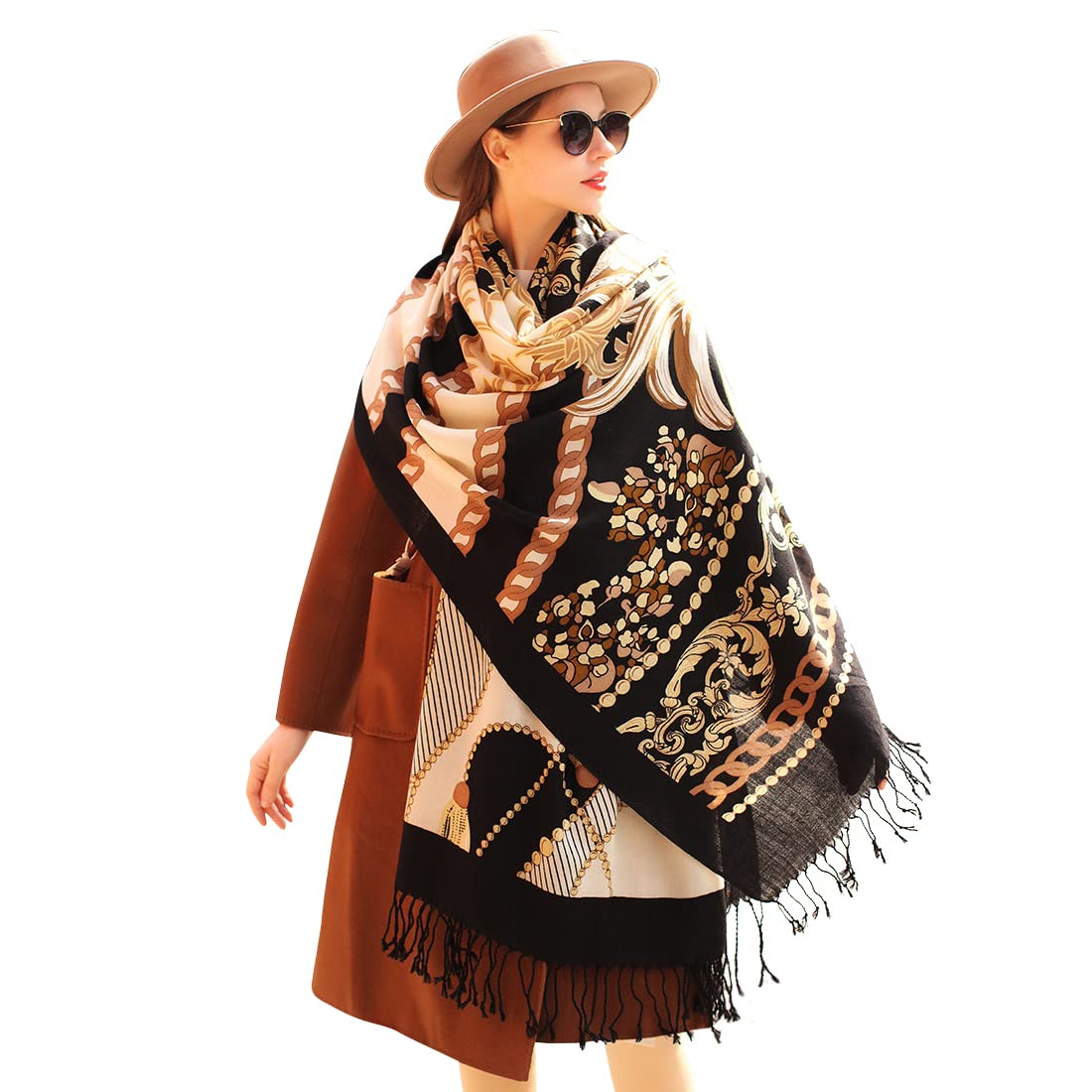 DANA XU 100% Merino Wool Pashmina Shawl for Women 96"x43", Oversized Cashmere Wrap with Tassels, Floral Travel Blanket Cape