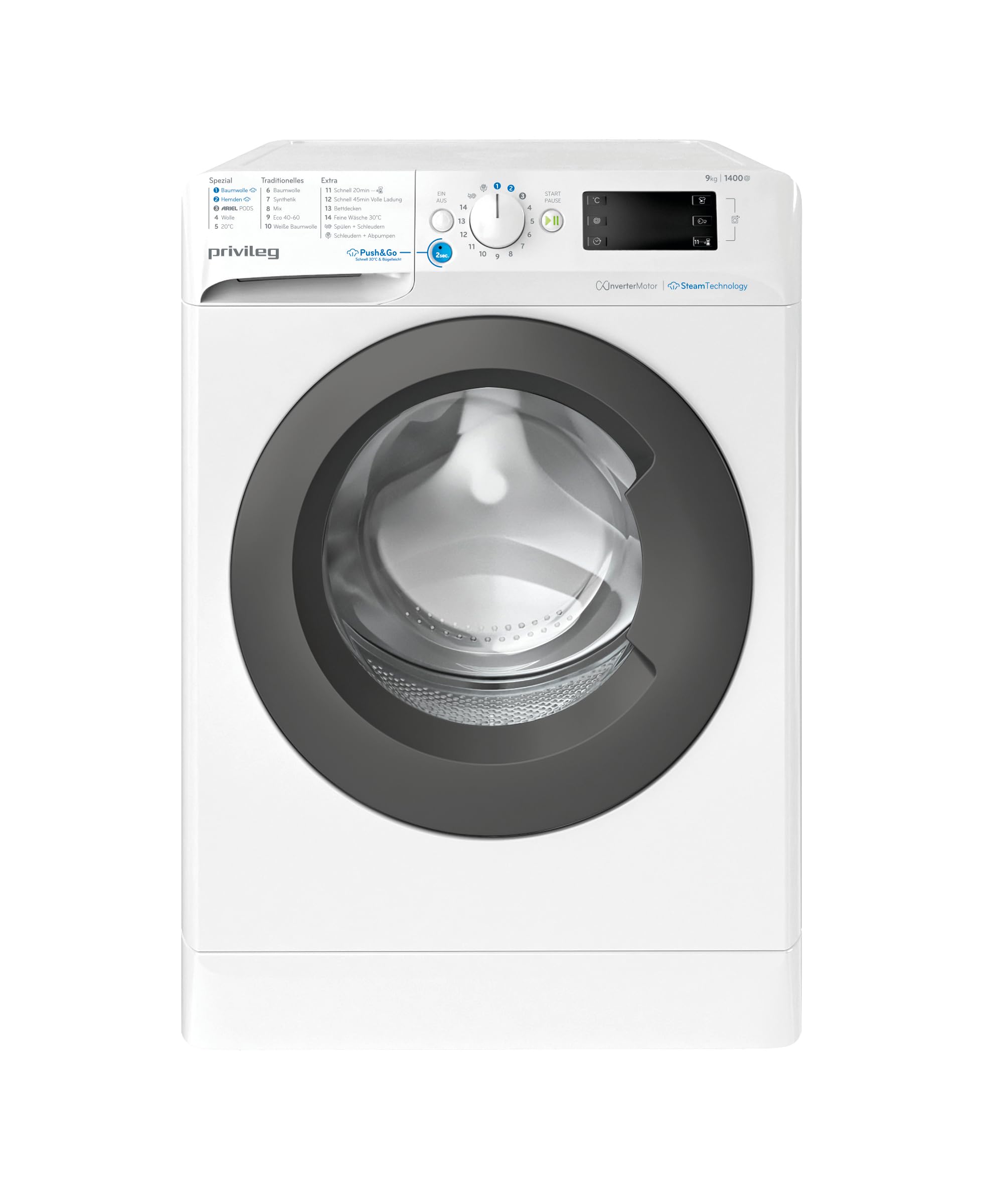 Privileg PWFV X 104 A Waschmaschine Frontlader/1400 U/min/10 kg/EEK A/Push & Go Steam/Kurz 30'/ Schnell 20°,40°,60°/Kurz 45'/Inverter-Motor/Mehrfachwasserschutz/Water Balance Plus