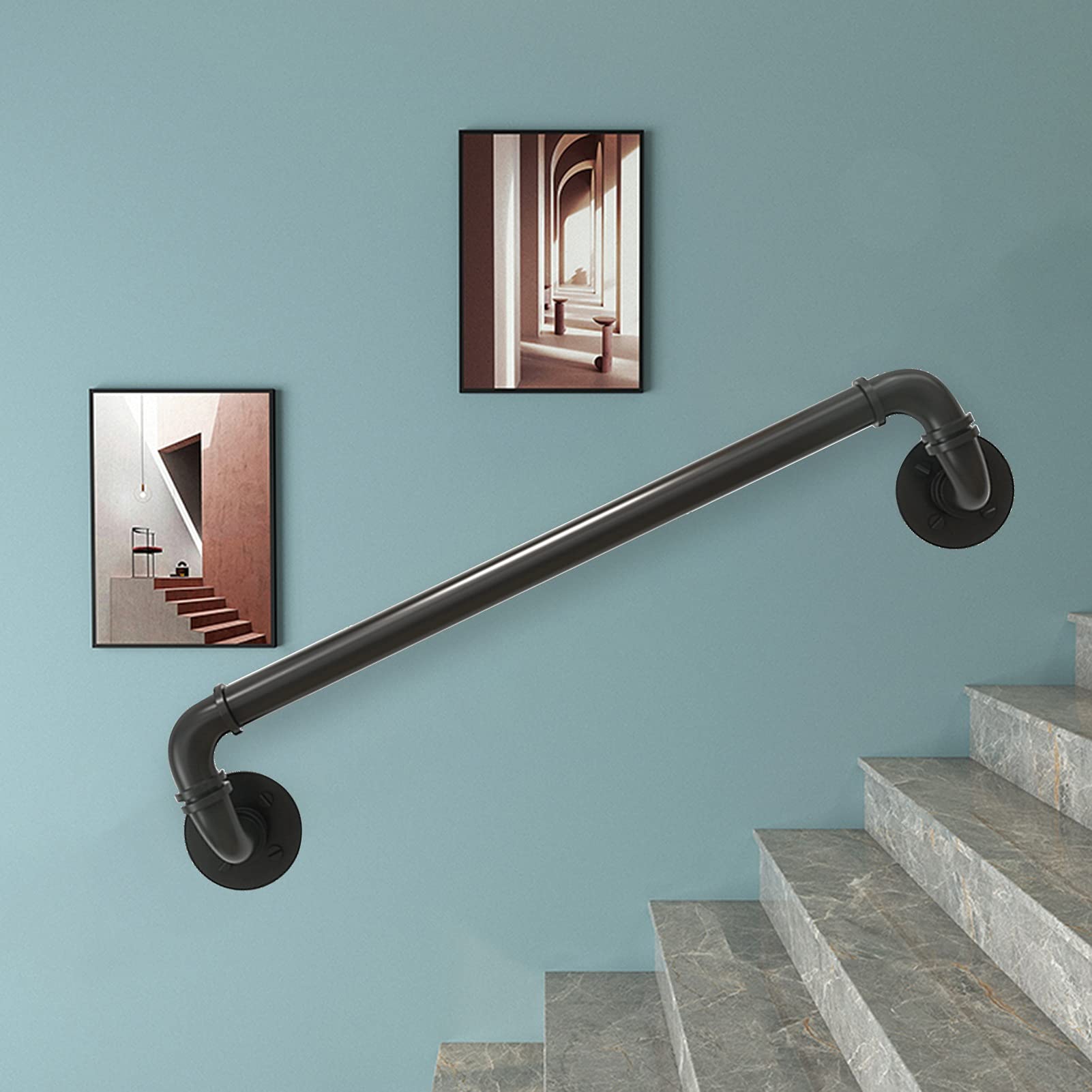 Handrail for Stairs, Wall Balustrade Foot Rail Support Banister Hand Rail Kit with Wrought Iron Brackets and Metal Screws Safety Grab Bar for Indoors and Outdoors - Black - 30cm~600cm(1ft~20ft) (Size