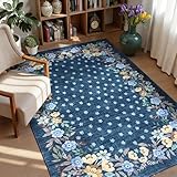 IDEALHOUSE Blue Floral Rug 4x6, Washable Non-Slip Living Room Carpet, Low-Pile Area Rug for Bedroom, Dining Room