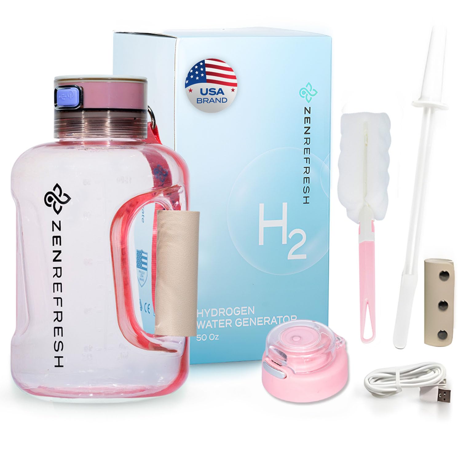50 Oz Hydrogen Water Bottle, 2024 New SPE/PEM Technology, Large Gym Hydrogen Bottles, Travel Hydrogen Water Bottle Generator With Straw & Additional Cap, USA Brand, Up to 1800 ppb - Pink