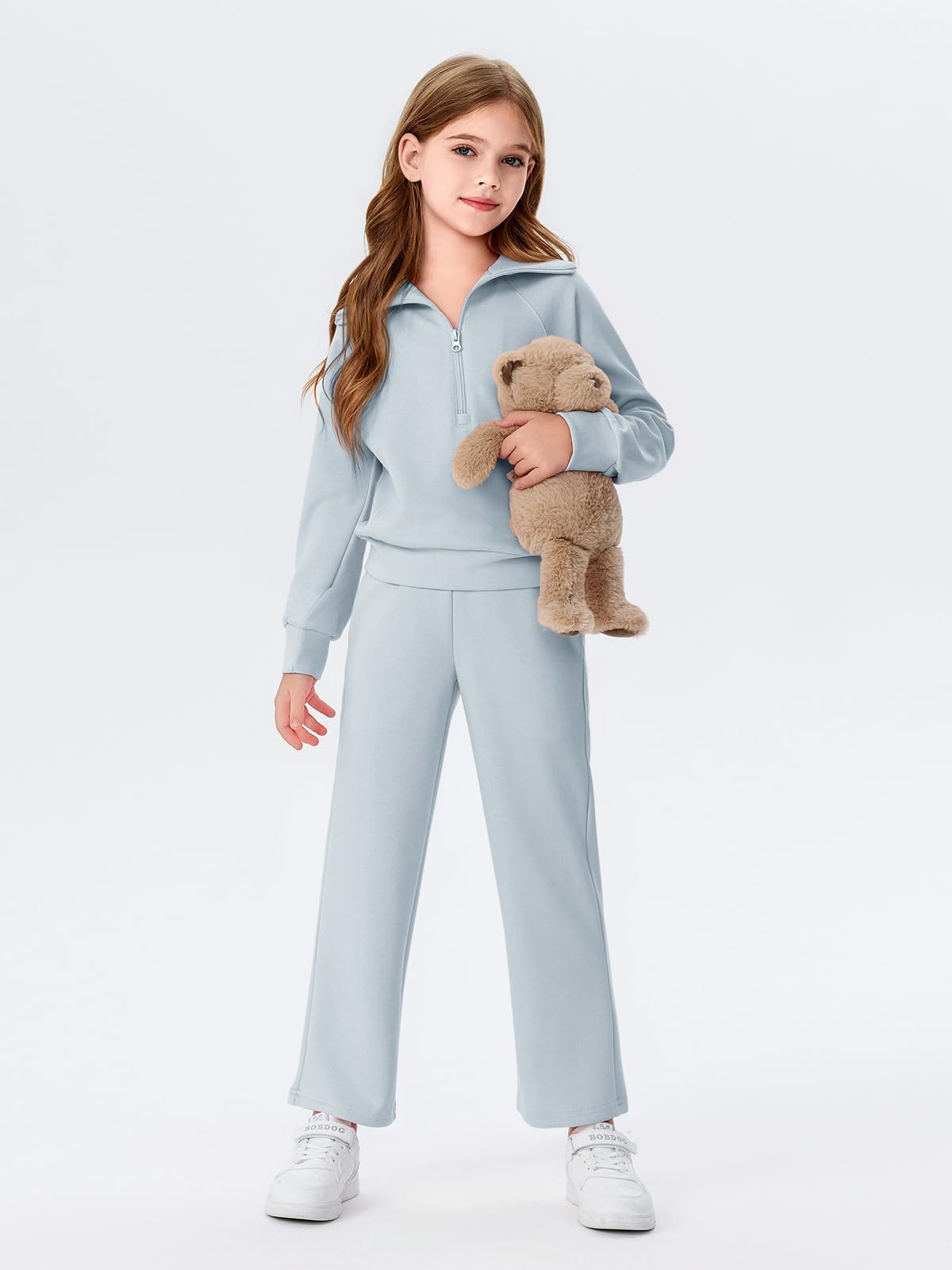 Haloumoning 2-teiliges Mädchen-Outfits, Sweatanzug, halber Reißverschluss, langärmelig, Sweatpants, Trainingsanzug-Set, 5–14 Jahre | Halber Reißverschluss, Taillen-Kordelzug, Mädchen-Trainingsanzug