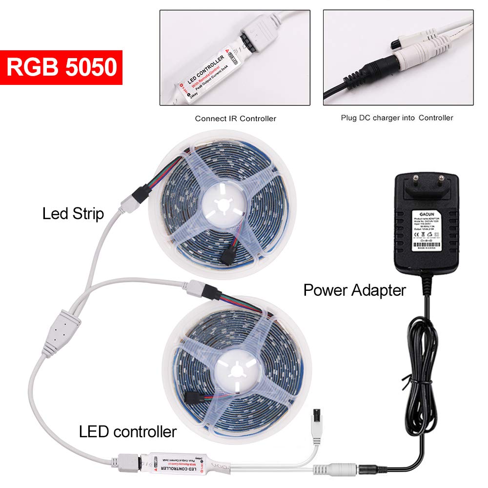 XUNATA Kit de tiras de LED RGB de 12V- Tira de luz autoadhesiva SMD 2835 30LEDs/m, Control Remoto 24 teclas, Fuente de alimentación de la UE (20m, Impermeable)