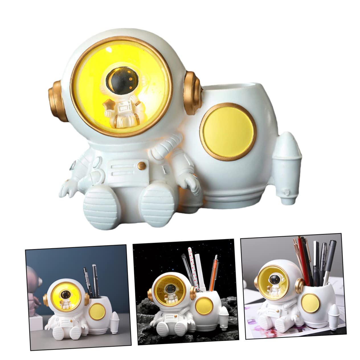 Homoyoyo Portapenne Astronauta Bianco con Luce, Portamatite da Scrivania in Resina, Grande Capacità e Leggero per Bambini, Organizer per Penne e Biglietti da Visita