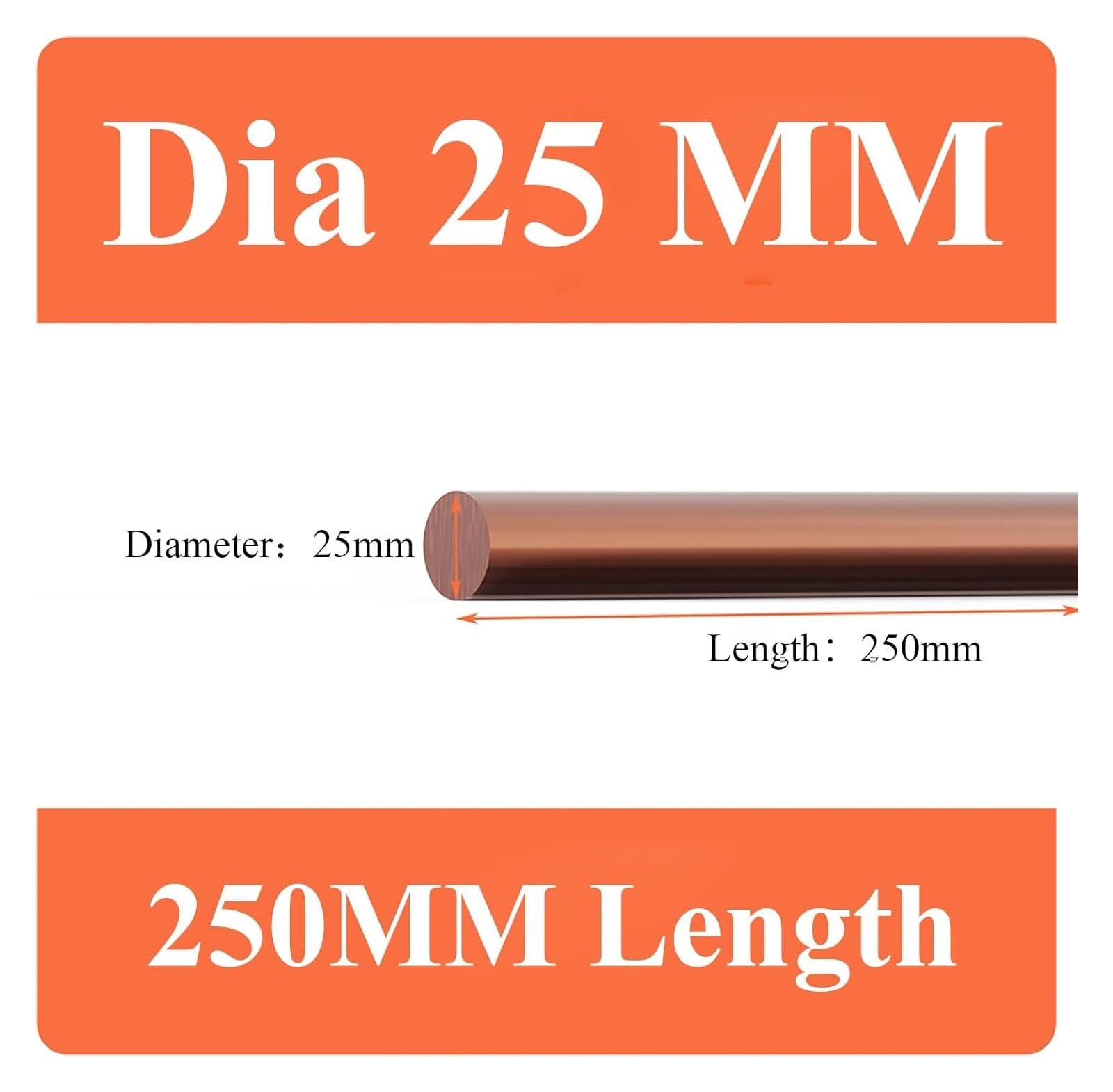 Pręt okrągły z czystej miedzi o średnicy 25 mm i długości 150/200/250 mm, goły metal do rzemiosła, hobby, elektryki i przemysłu(25 * 250mm)
