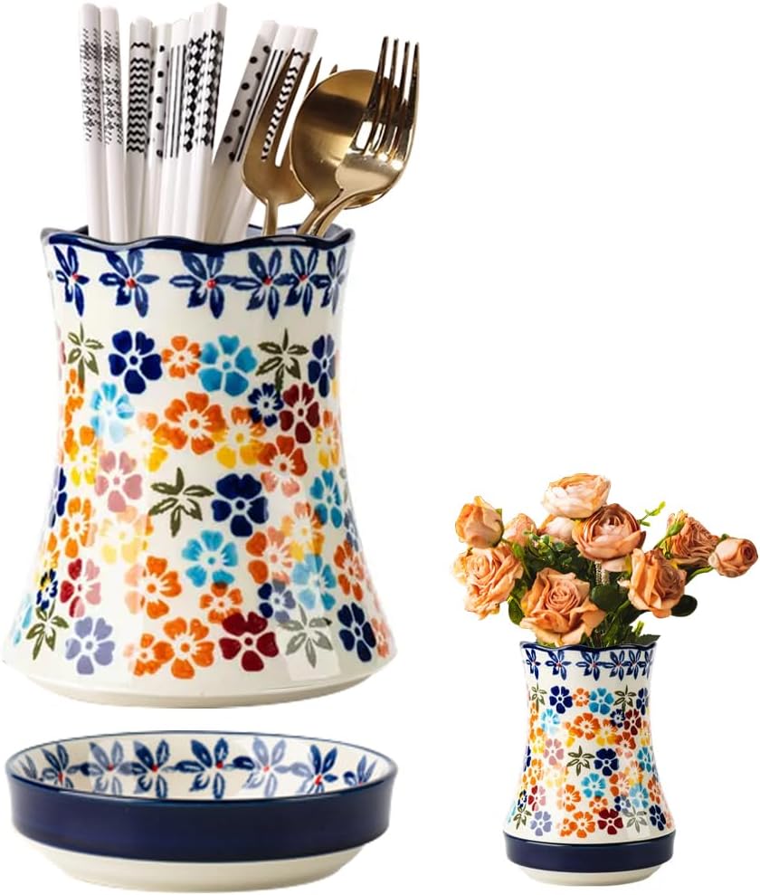 WAYUTO Ceramic Kitchen Utensil Holder Multi-functional Large Capacity Utensil Storage Crock Decorative Vase for Dried Flower with Embossed Three-dimensional Flower Design for Kitchen Decor Blue