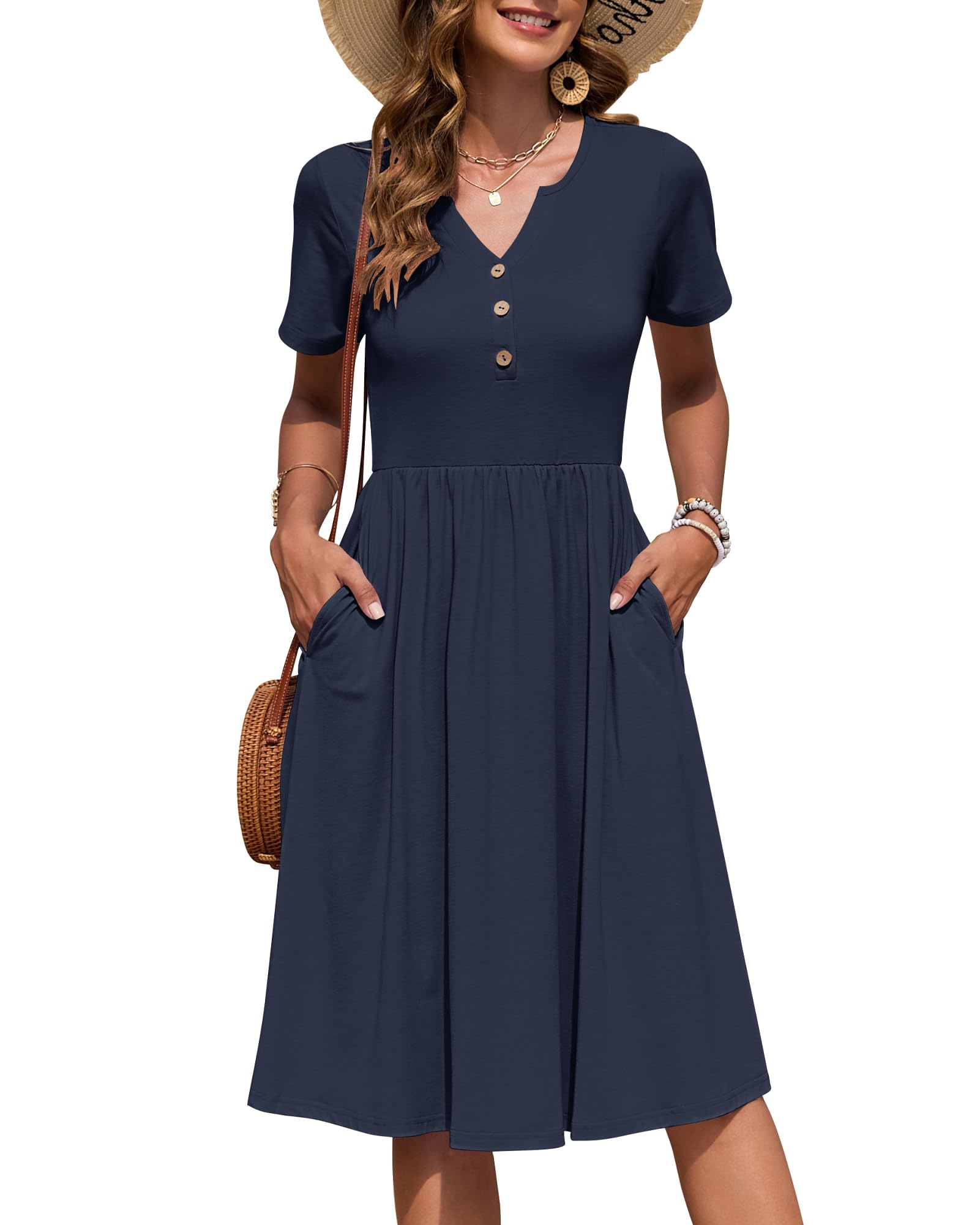 AUSELILY Vestito Estivo a Maniche Corte da Donna Abito Casual Scollo a V al Ginocchiocon Bottoni con Tasche