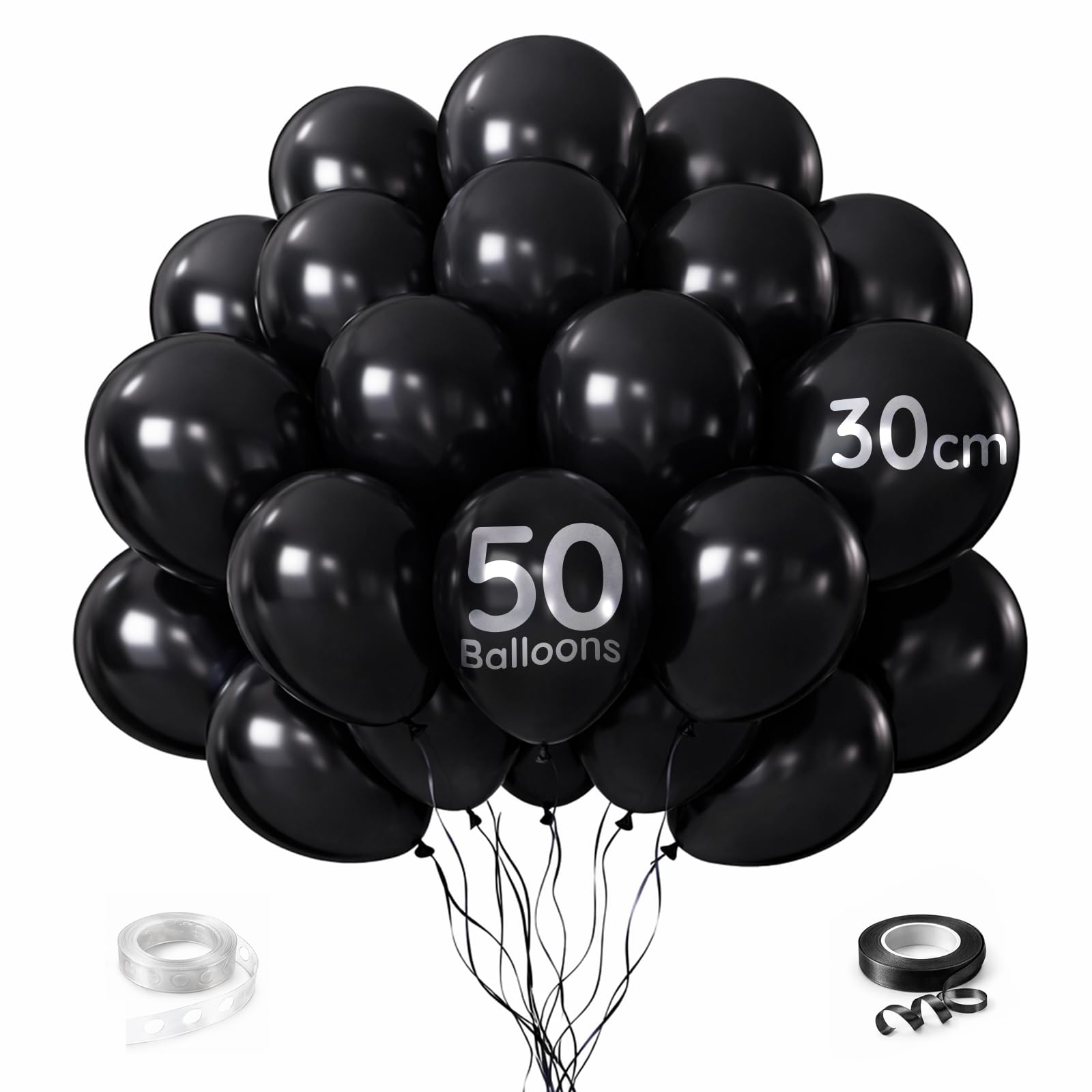 Zeno Black Balloons 50Pcs 12 Inch / 30Cm Helium Grade Latex Balloons With Ribbon & Balloon Chain – Party Balloons For Modern Events