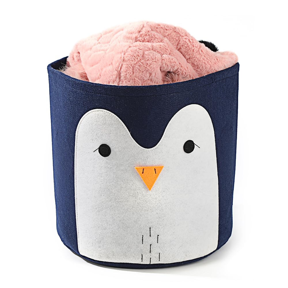 House of Quirk Felt Kids Cartoon Laundry Basket Round Storage Basket Laundry Organizer (Dark Blue Penguin)-image-27