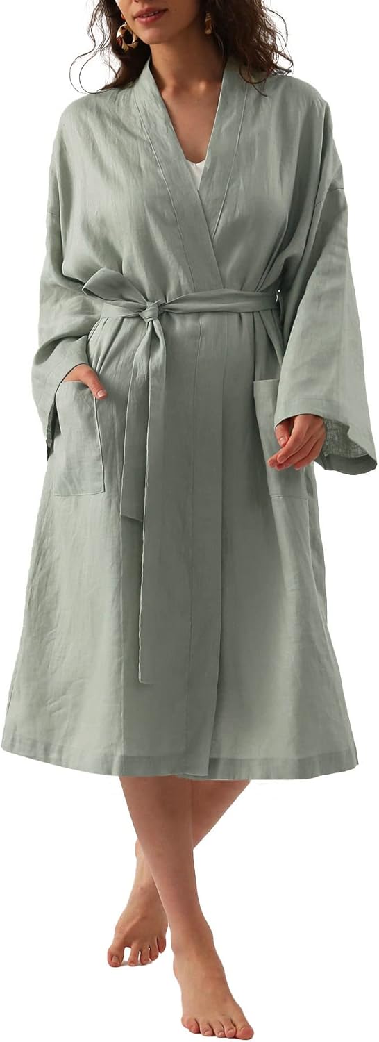 Amazhiyu Womens Pure Linen Mid Length Kimono Robes Lightweight Long Sleeve Bathrobe