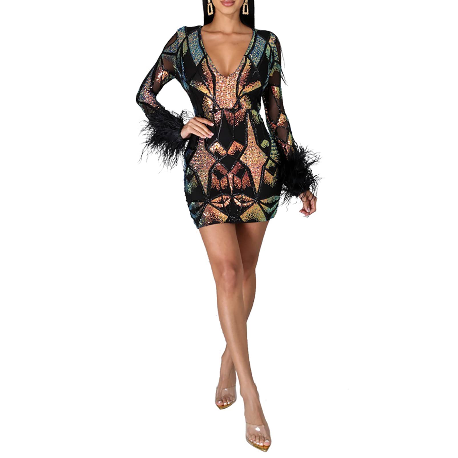 Vestido de Club Nocturno con Lentejuelas para Mujer, Vestido de Falda Corta de Manga Larga de Verano con Escote en V Profundo Vestido de Cóctel para Dama de Honor Vestidos de Graduación