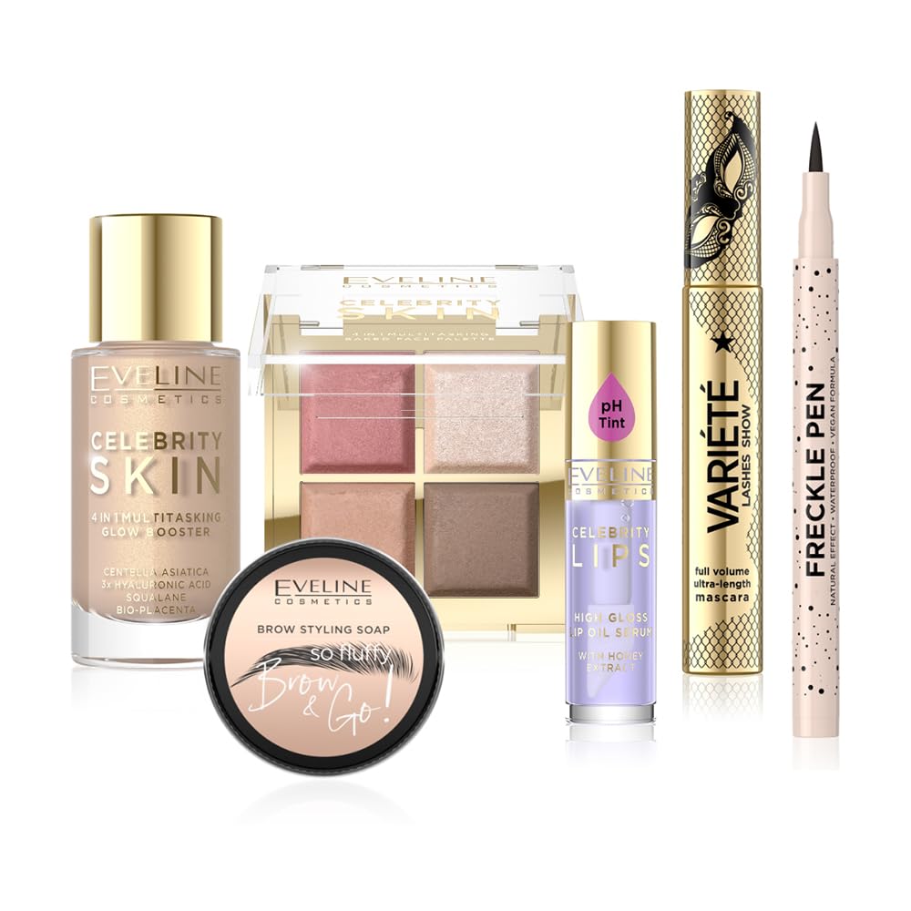 Eveline Cosmetics x Mirta Miler: Everyday Make-up Set Zestaw do makijażu (Lip Oil 04 Red, Glow Booster 01N Univeral Light)