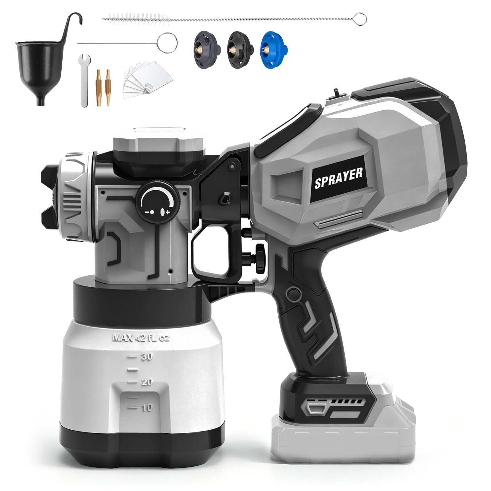 Akumulatorowy pistolet natryskowy do baterii Makita (nie wchodzi w zakres dostawy), HVLP, 1000 ml/min, pojemnik 1500 ml, wzór natrysku 90°/180°, 3 dysze + igły – idealny do ścian, sufitów i mebli