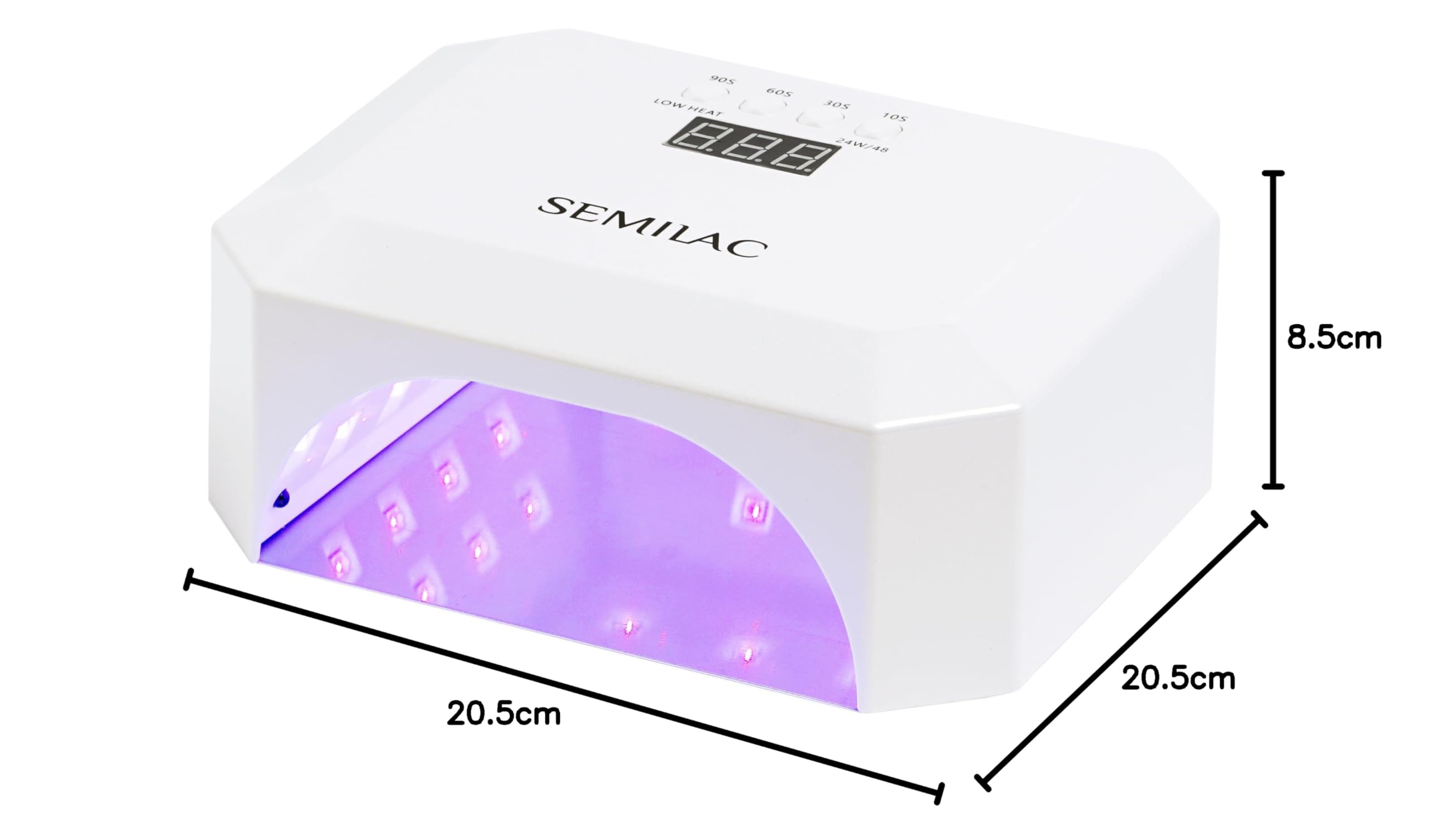 Semilac Lámpara UV LED profesional de 48/24 W para uñas de gel. Secador de uñas con 4 tiempos de curado, pantalla digital, base desmontable para fácil manicura y pedicura. Sensor de movimiento.