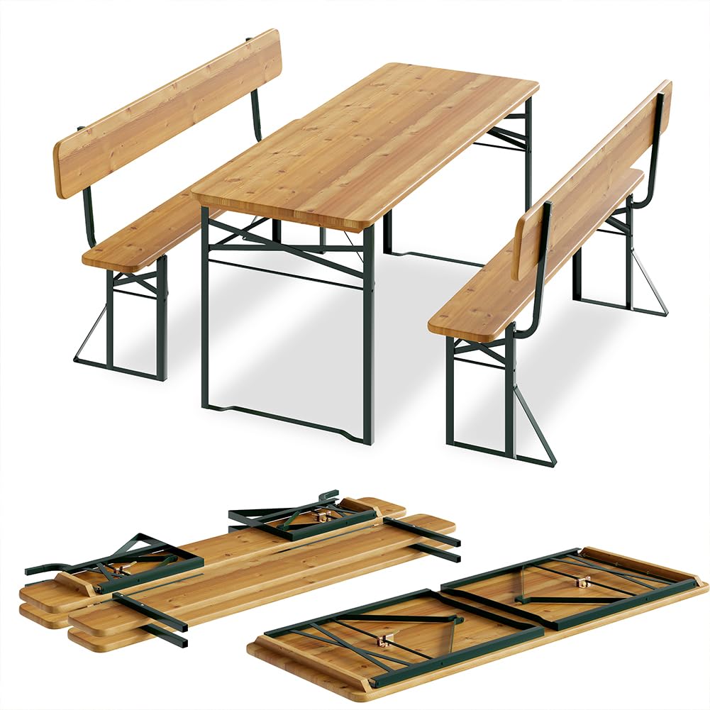 BAKAJI Set 3 Pezzi Birreria con Tavolo Pieghevole e Panche da Esterno, Struttura in Acciaio Comoda, Seduta Ergonomica e Resistente, Ideale per Giardino, Bar, Campeggio, Sagra (170 cm con Schienale)